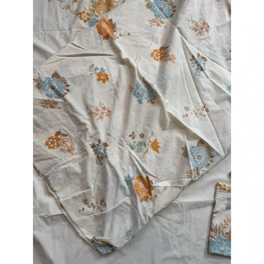 VTG FULL Sheet Set Tan Orange Blue Floral Flowers Tastemaker Percale 70s‎ Hippie